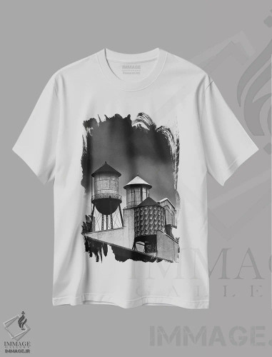 تیشرت سفید طرح دار بشکه های آب نیویورک، عکاسی سیاه و سفید اثر استیفن هاجتس | فروشگاه ایماژ