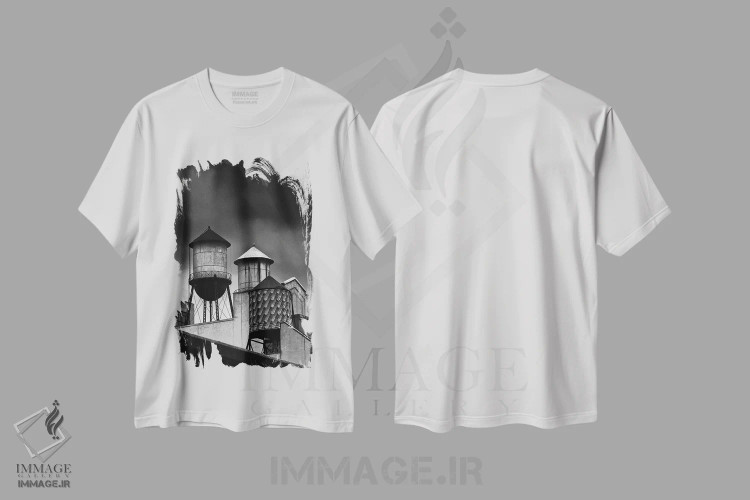 تیشرت سفید طرح دار بشکه های آب نیویورک، عکاسی سیاه و سفید اثر استیفن هاجتس | فروشگاه ایماژ