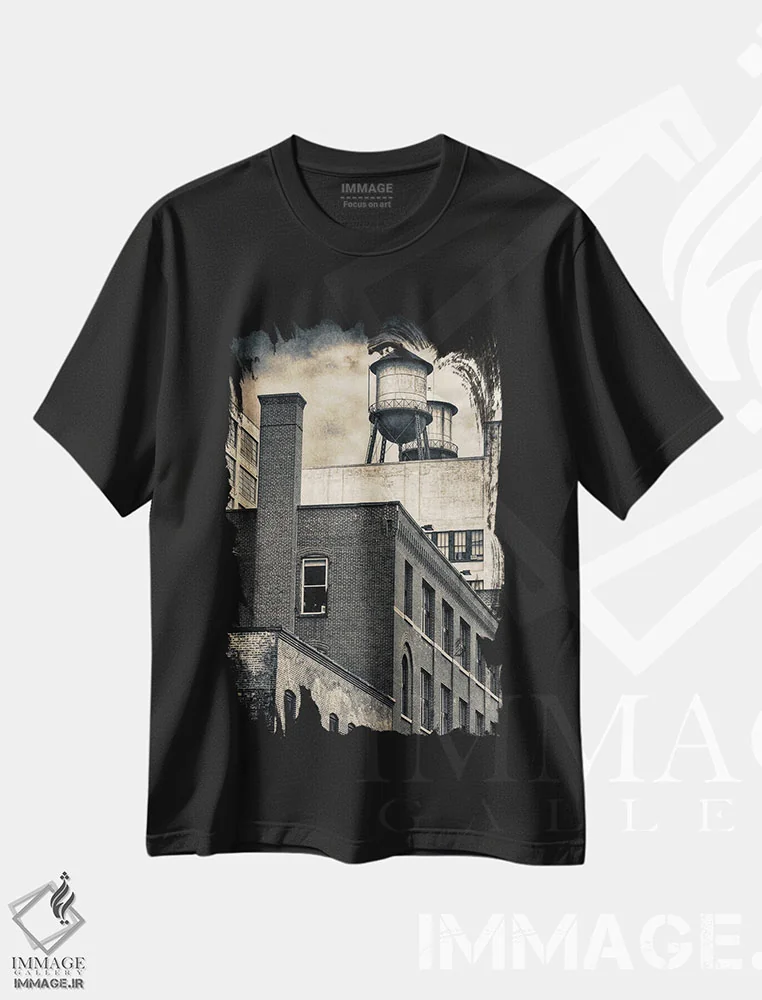 تیشرت مشکی طرح دار بشکه های آب دو رنگ نیویورک، مدیوم اثر استیفن هاجتس | فروشگاه ایماژ