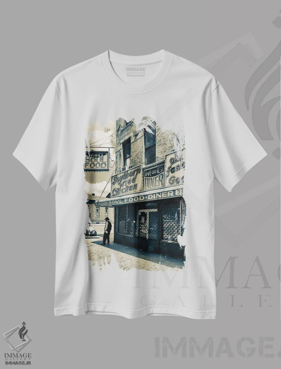 تیشرت سفید طرح دار غذای اصیل هارلم نیویورک، مدیوم اثر استیفن هاجتس | فروشگاه ایماژ