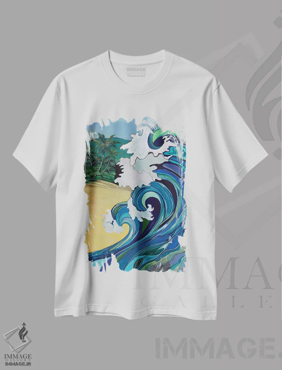 تیشرت سفید طرح دار موج در ساحل غروب، تزئینی اثر هیدن هیل | immage.ir
