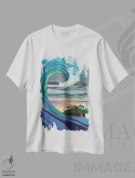 تیشرت سفید طرح دار موج رنگارنگ اقیانوسی هنگام غروب، تزئینی اثر هیدن هیل | immage.ir