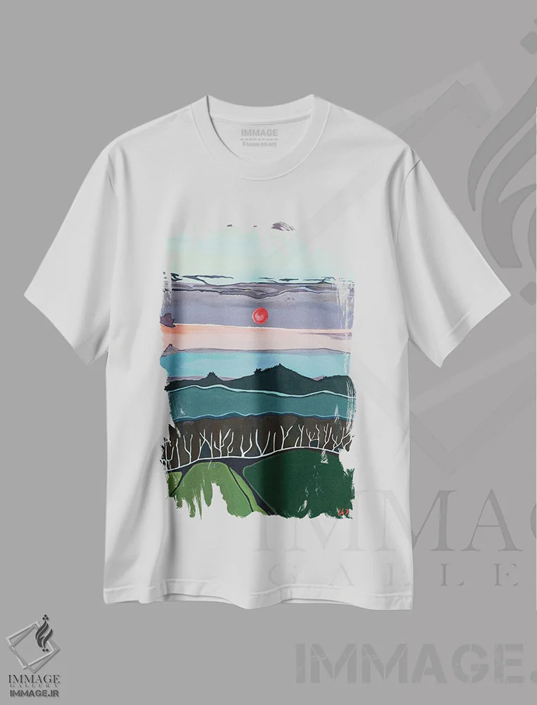 تیشرت سفید طرح دار غروب کوهستانی، مدیوم اثر هیدن هیل | فروشگاه ایماژ