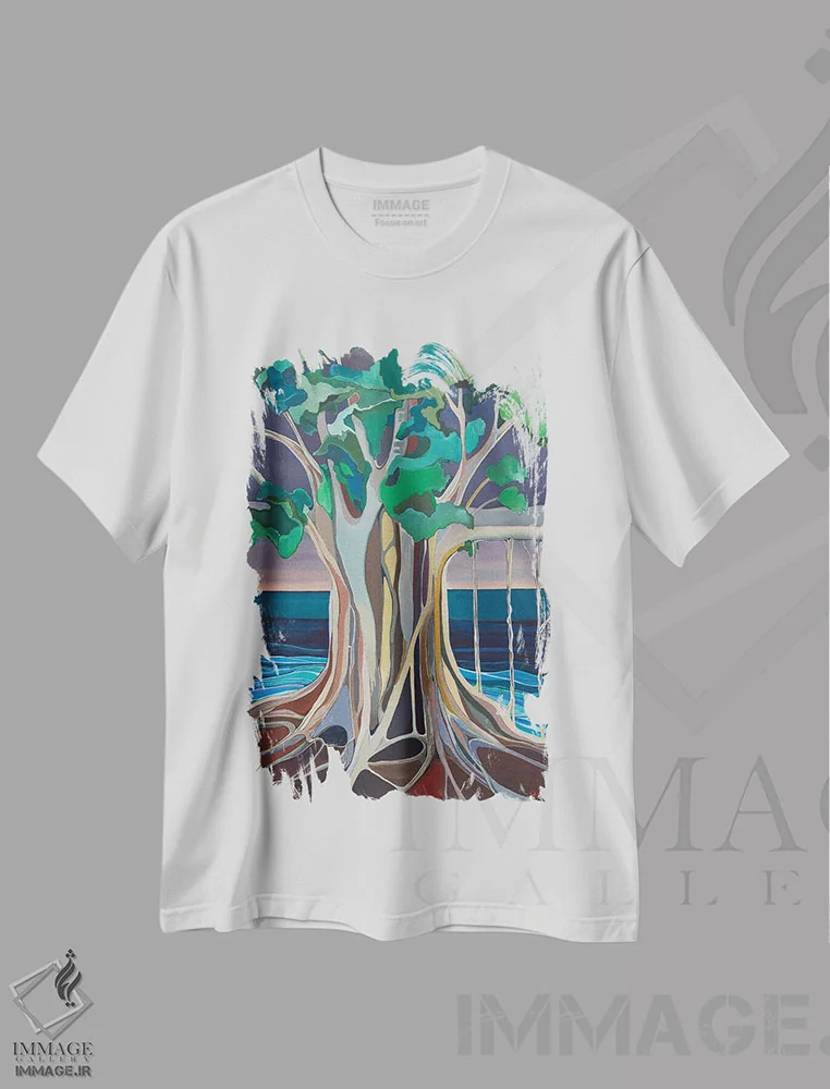 تیشرت سفید طرح دار درخت عظیم انجیر معابد کنار دریا، تزئینی اثر هیدن هیل | فروشگاه ایماژ
