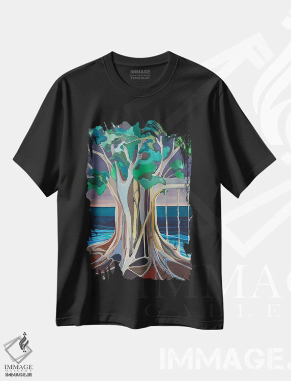 تیشرت مشکی طرح دار درخت عظیم انجیر معابد کنار دریا، تزئینی اثر هیدن هیل | immage.ir