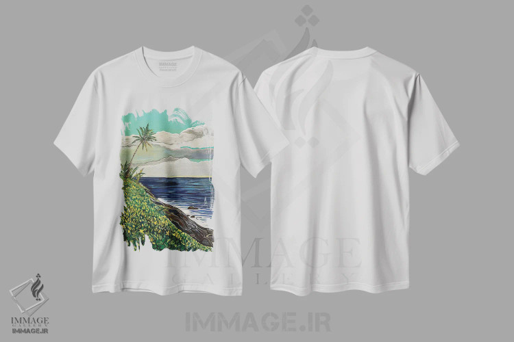تیشرت سفید طرح دار گیاه ناوپاکا بر ساحل صخره ای اقیانوس، مدیوم اثر هیدن هیل | immage.ir
