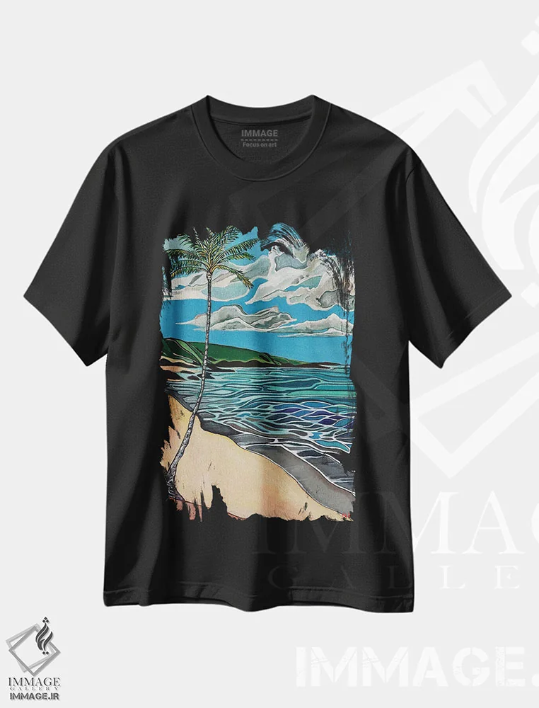 تیشرت مشکی طرح دار درخت نخل نارگیل در ساحل شنی سفید، تزئینی اثر هیدن هیل | فروشگاه ایماژ