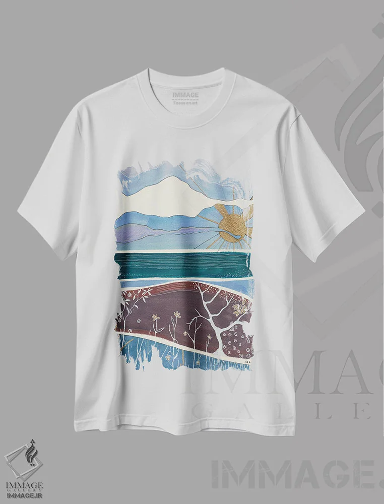 تیشرت سفید طرح دار چشم انداز ساحلی با خورشید طلایی، مدیوم اثر هیدن هیل | فروشگاه ایماژ