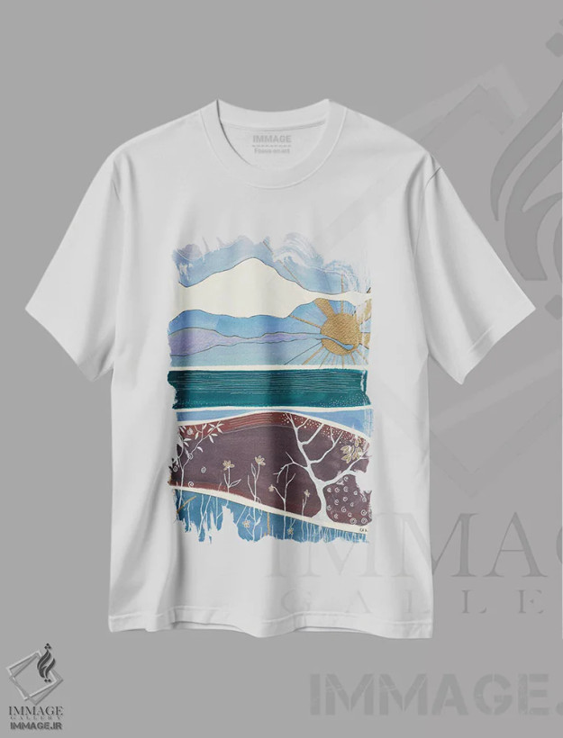 تیشرت سفید طرح دار چشم انداز ساحلی با خورشید طلایی، مدیوم اثر هیدن هیل | فروشگاه ایماژ
