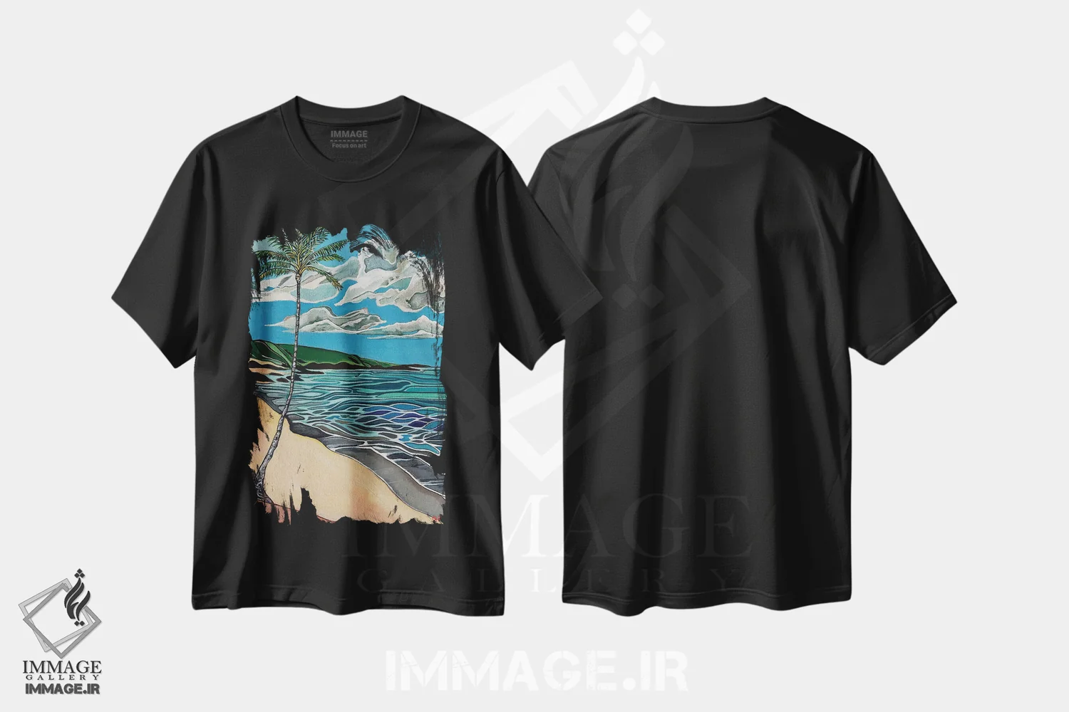 تیشرت مشکی طرح دار درخت نخل نارگیل در ساحل شنی سفید، تزئینی اثر هیدن هیل | فروشگاه ایماژ