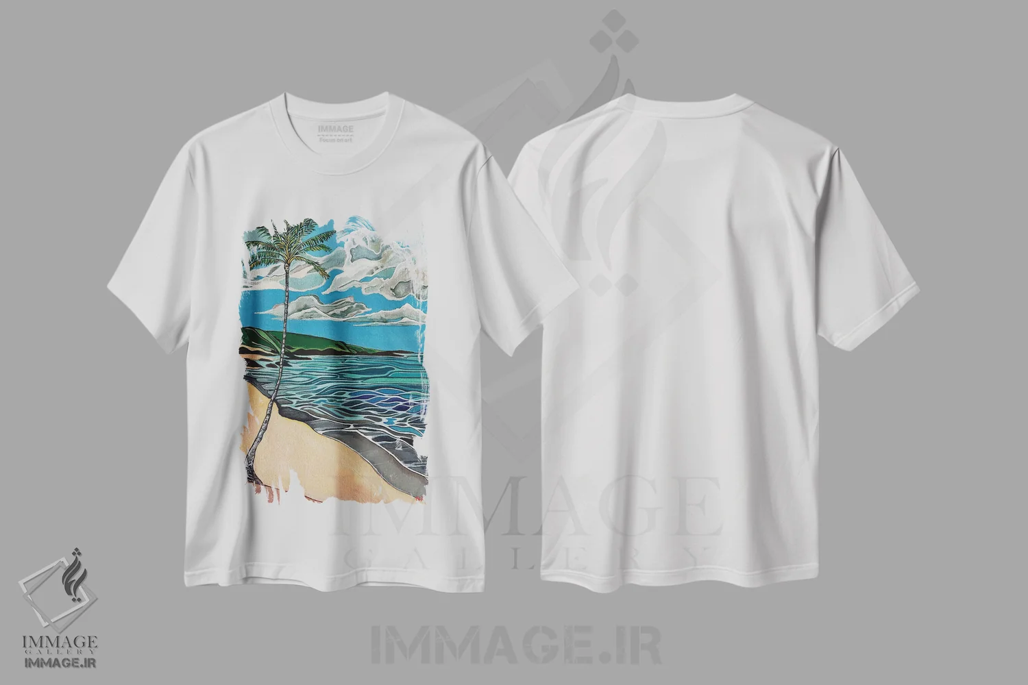 تیشرت سفید طرح دار درخت نخل نارگیل در ساحل شنی سفید، تزئینی اثر هیدن هیل | immage.ir