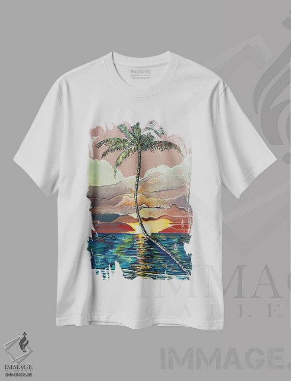 تیشرت سفید طرح دار نخل با آسمان بنفش، تزئینی اثر هیدن هیل | فروشگاه ایماژ