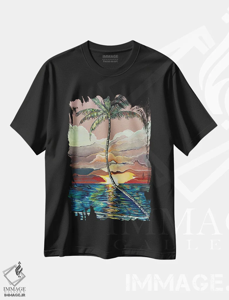 تیشرت مشکی طرح دار نخل با آسمان بنفش، تزئینی اثر هیدن هیل | immage.ir