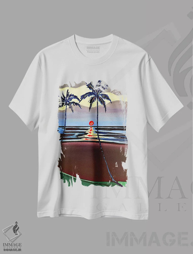 تیشرت سفید طرح دار غروب بنفش با سیلوئت نخل ها، دکور ساحلی اثر هیدن هیل | فروشگاه ایماژ