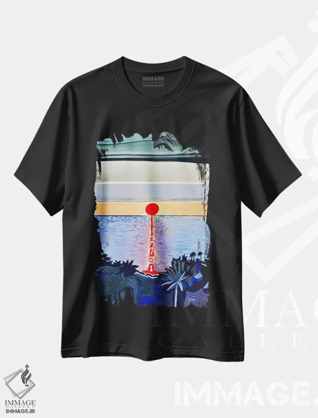 تیشرت مشکی طرح دار خورشید سرخ بر فراز دریای آرام، تزئینی اثر هیدن هیل | فروشگاه ایماژ