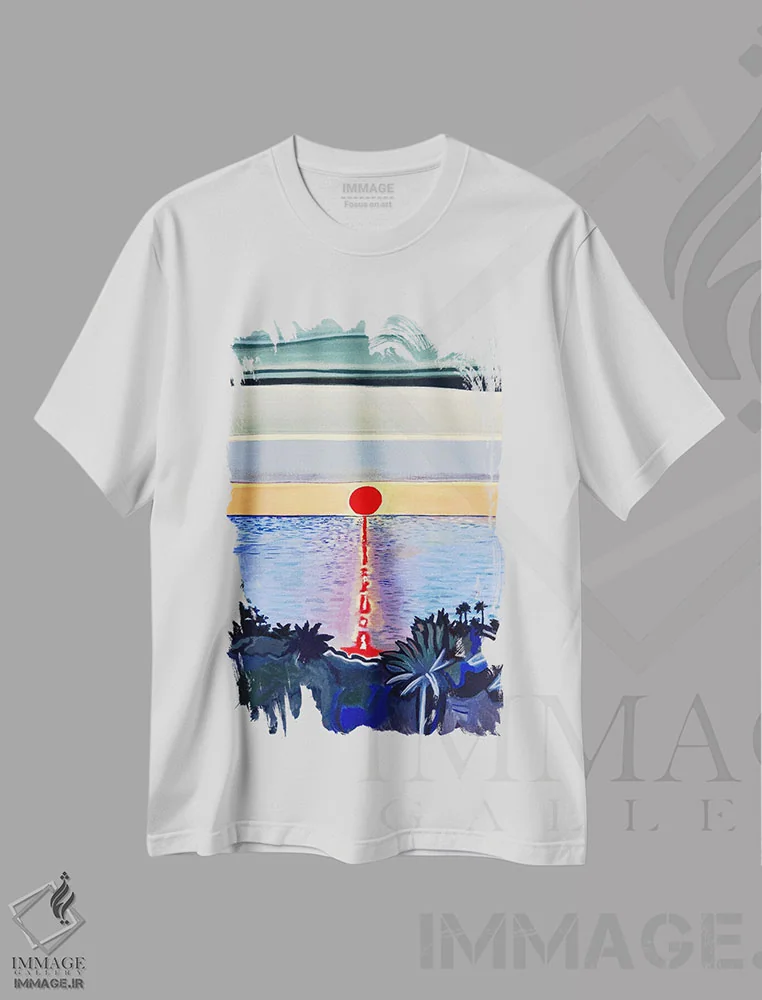 تیشرت سفید طرح دار خورشید سرخ بر فراز دریای آرام، تزئینی اثر هیدن هیل | immage.ir