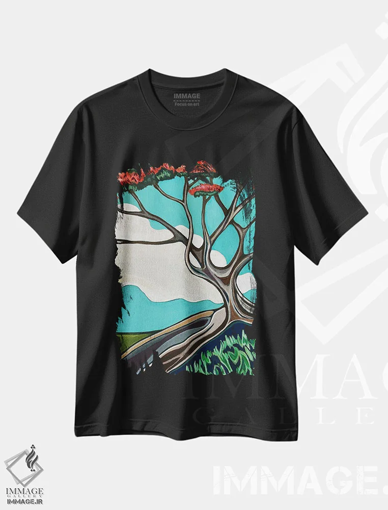 تیشرت مشکی طرح دار درخت شعله سرخ، تزئینی اثر هیدن هیل | immage.ir