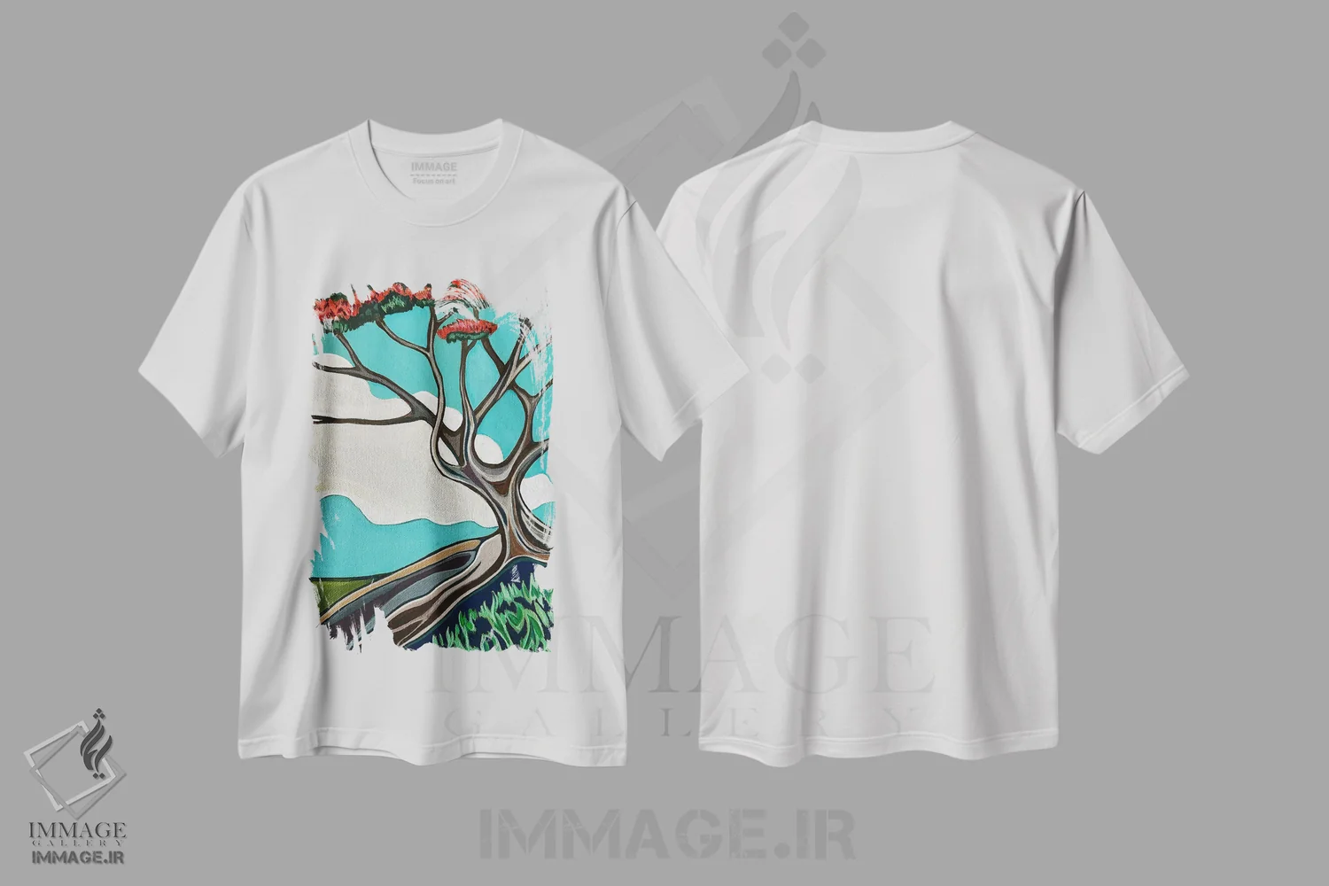 تیشرت سفید طرح دار درخت شعله سرخ، تزئینی اثر هیدن هیل | فروشگاه ایماژ