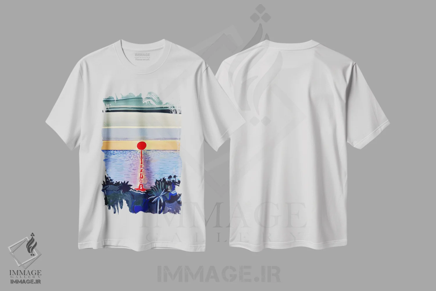 تیشرت سفید طرح دار خورشید سرخ بر فراز دریای آرام، تزئینی اثر هیدن هیل | immage.ir
