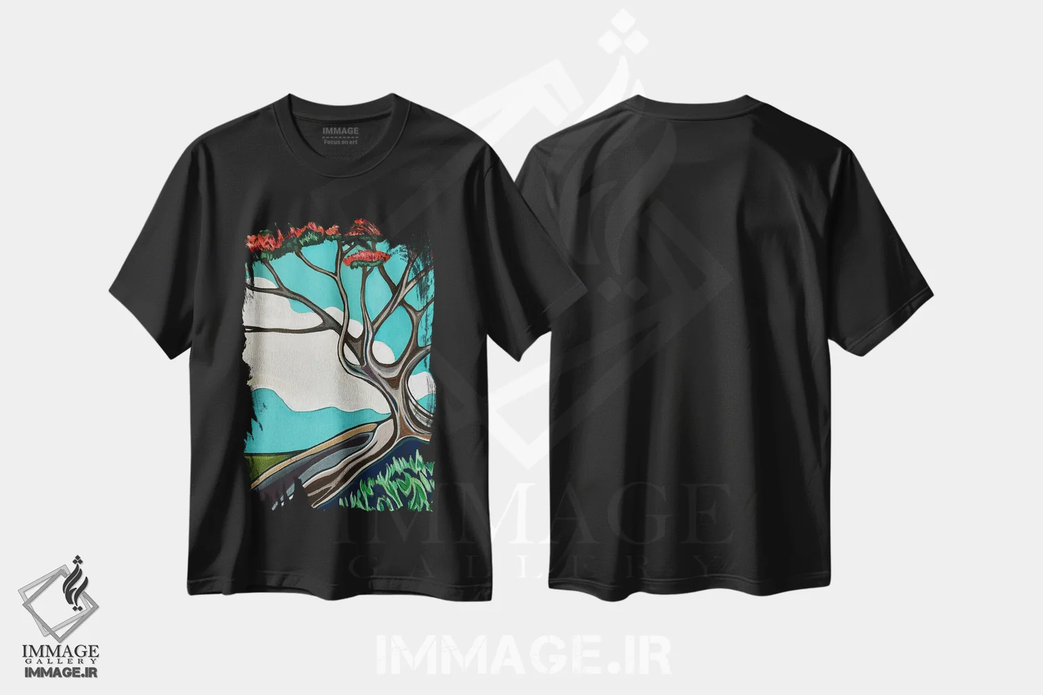 تیشرت مشکی طرح دار درخت شعله سرخ، تزئینی اثر هیدن هیل | immage.ir