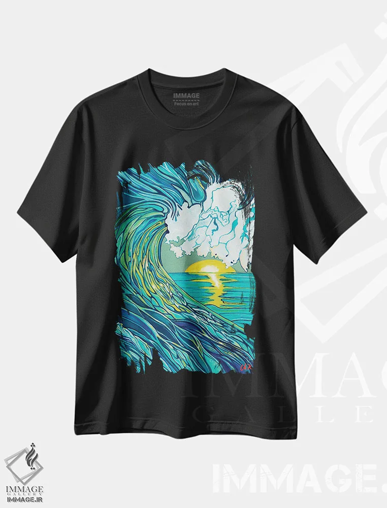تیشرت مشکی طرح دار درخشش زرد روی موج، مدیوم اثر هیدن هیل | immage.ir
