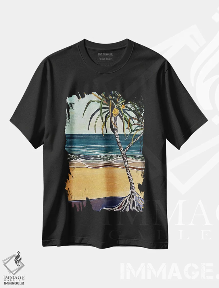 تیشرت مشکی طرح دار درخت هالا کنار دریا، دکور ساحلی اثر هیدن هیل | immage.ir