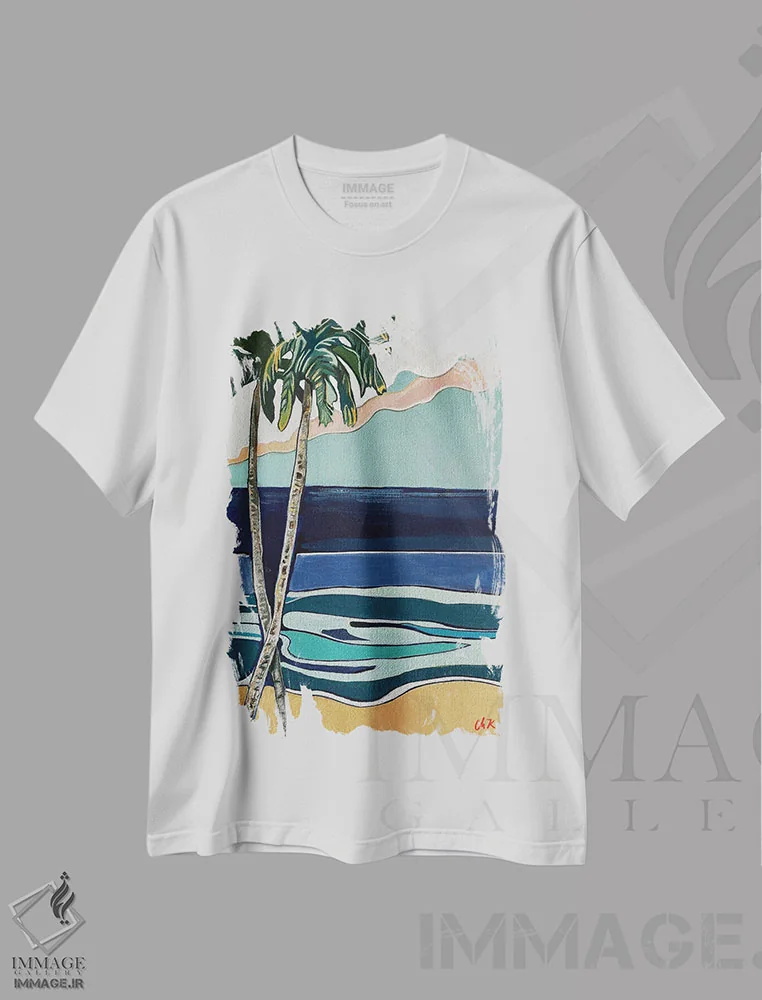 تیشرت سفید طرح دار دو نخل در ساحل، دکور ساحلی اثر هیدن هیل | immage.ir