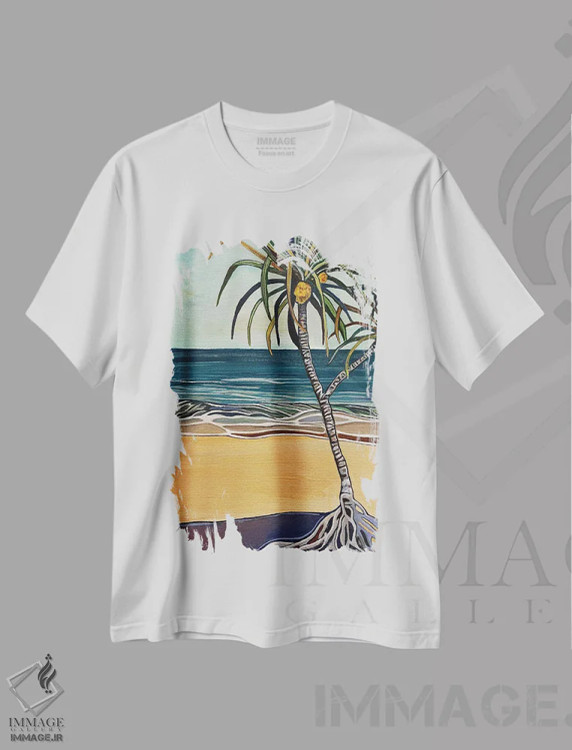 تیشرت سفید طرح دار درخت هالا کنار دریا، دکور ساحلی اثر هیدن هیل | فروشگاه ایماژ