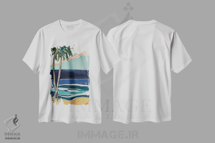 تیشرت سفید طرح دار دو نخل در ساحل، دکور ساحلی اثر هیدن هیل | immage.ir