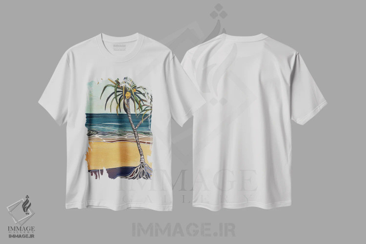 تیشرت سفید طرح دار درخت هالا کنار دریا، دکور ساحلی اثر هیدن هیل | فروشگاه ایماژ