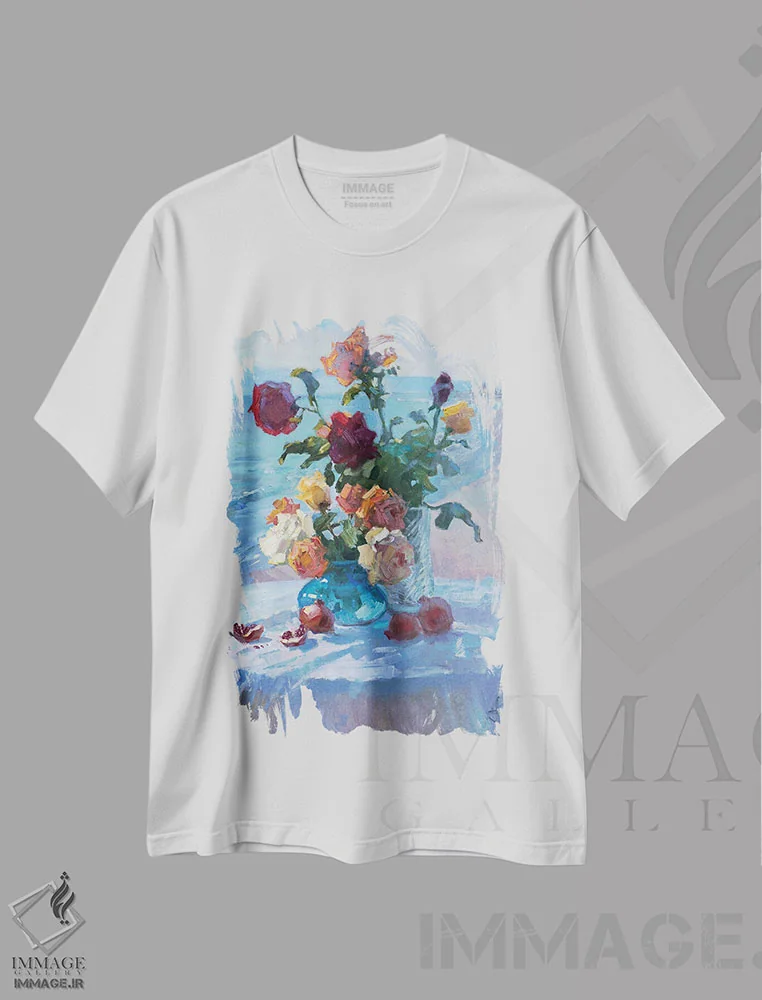 تیشرت سفید طرح دار طبیعت بی جان ساحل، هنر فاخر معاصر اثر کنتس آرت | فروشگاه ایماژ
