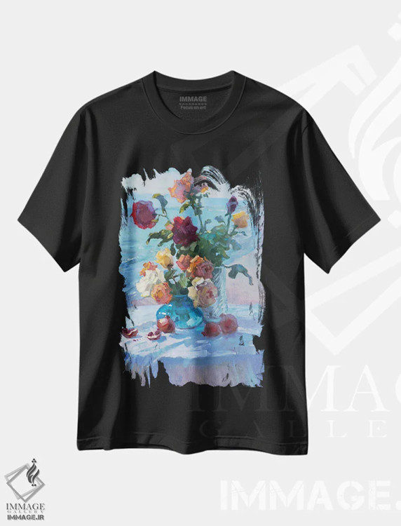 تیشرت مشکی طرح دار طبیعت بی جان ساحل، هنر فاخر معاصر اثر کنتس آرت | immage.ir