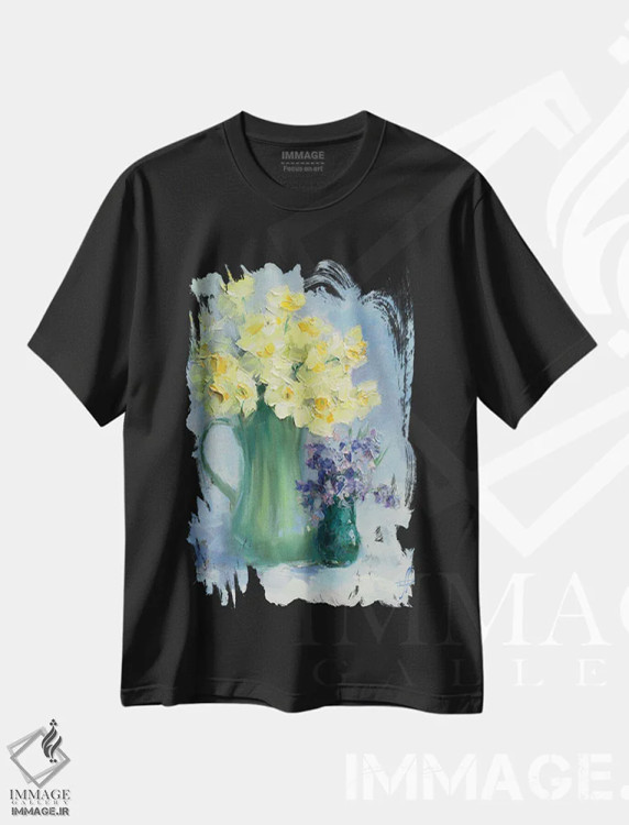 تیشرت مشکی طرح دار دسته گل نرگس و سنبل، هنر فاخر معاصر اثر کنتس آرت | immage.ir