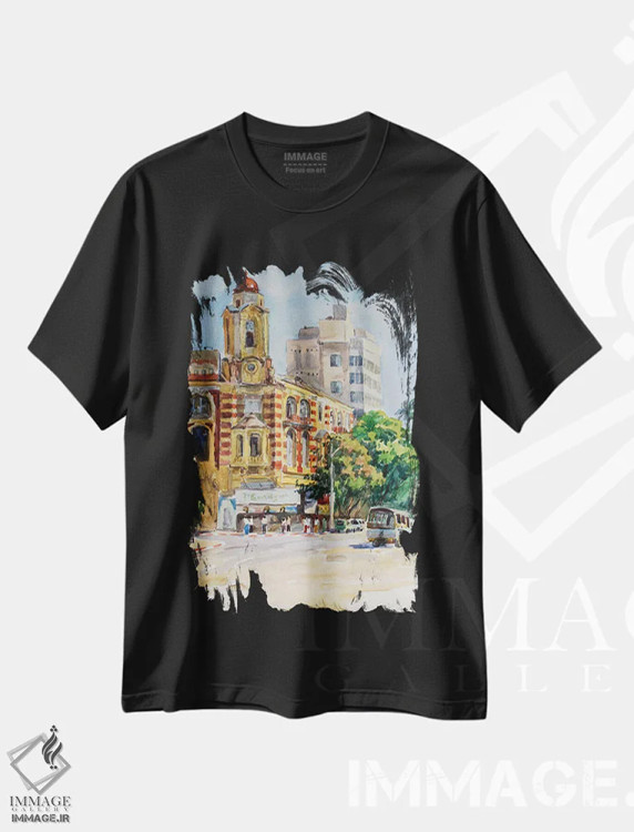 تیشرت مشکی طرح دار مرکز شهر یانگون برمه، هنر فاخر معاصر اثر کنتس آرت | فروشگاه ایماژ