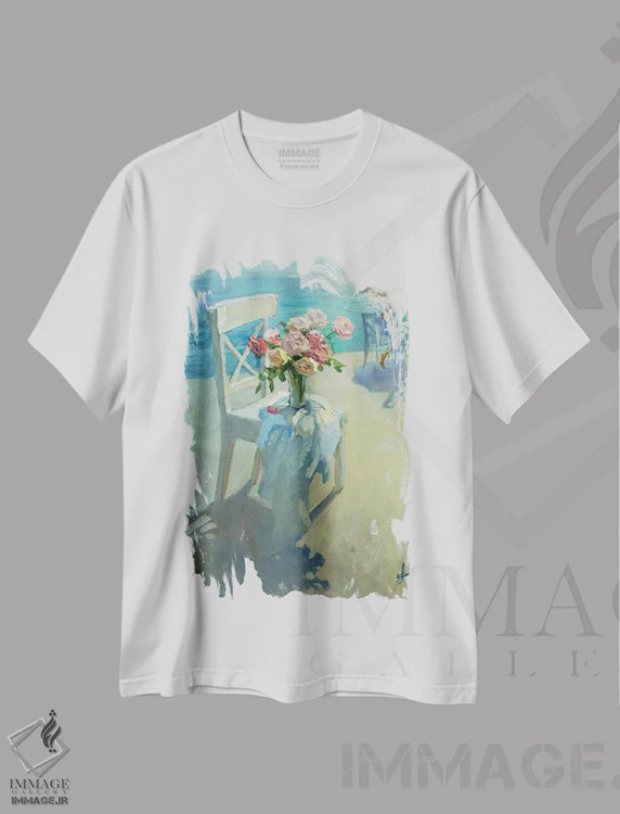 تیشرت سفید طرح دار کافه در ساحل، هنر فاخر معاصر اثر کنتس آرت | فروشگاه ایماژ