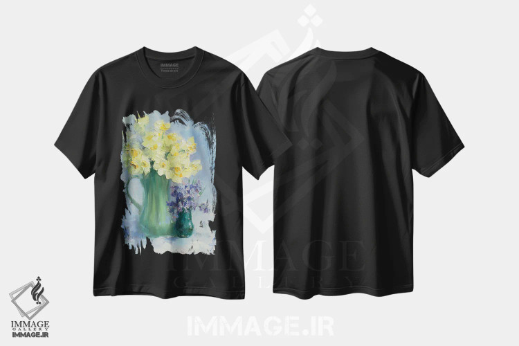 تیشرت مشکی طرح دار دسته گل نرگس و سنبل، هنر فاخر معاصر اثر کنتس آرت | immage.ir