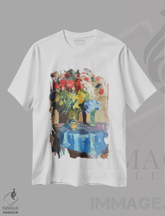 تیشرت سفید طرح دار طبیعت بی جان شقایق های قرمز، هنر فاخر معاصر اثر کنتس آرت | immage.ir