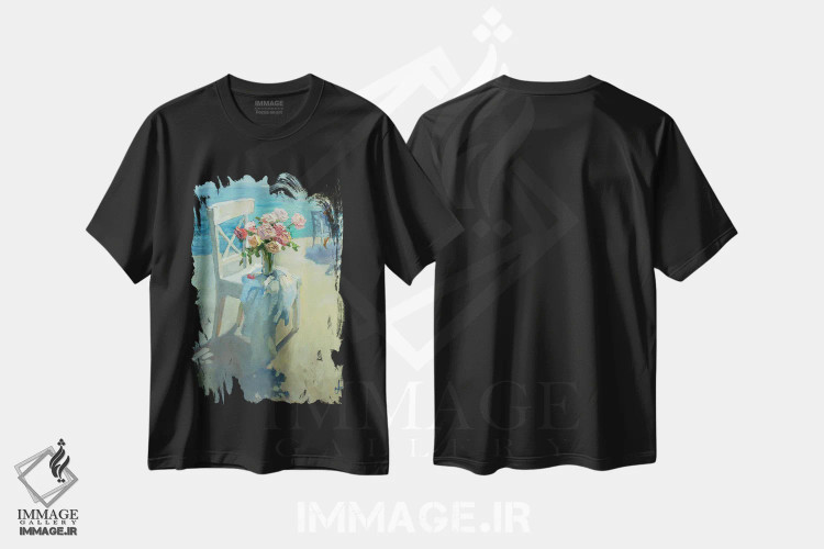 تیشرت مشکی طرح دار کافه در ساحل، هنر فاخر معاصر اثر کنتس آرت | immage.ir