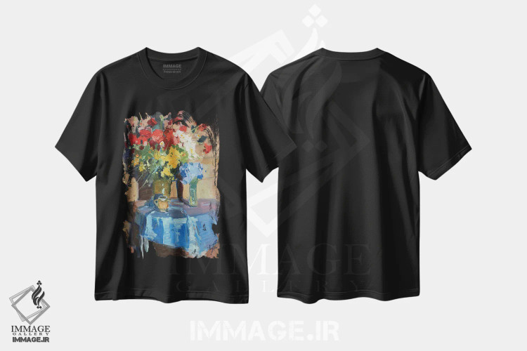 تیشرت مشکی طرح دار طبیعت بی جان شقایق های قرمز، هنر فاخر معاصر اثر کنتس آرت | فروشگاه ایماژ