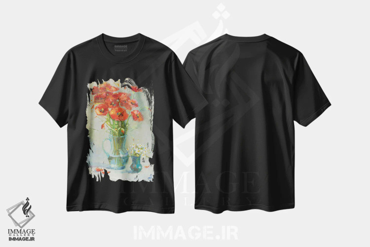تیشرت مشکی طرح دار گل های قرمز صحرایی، هنر فاخر معاصر اثر کنتس آرت | immage.ir