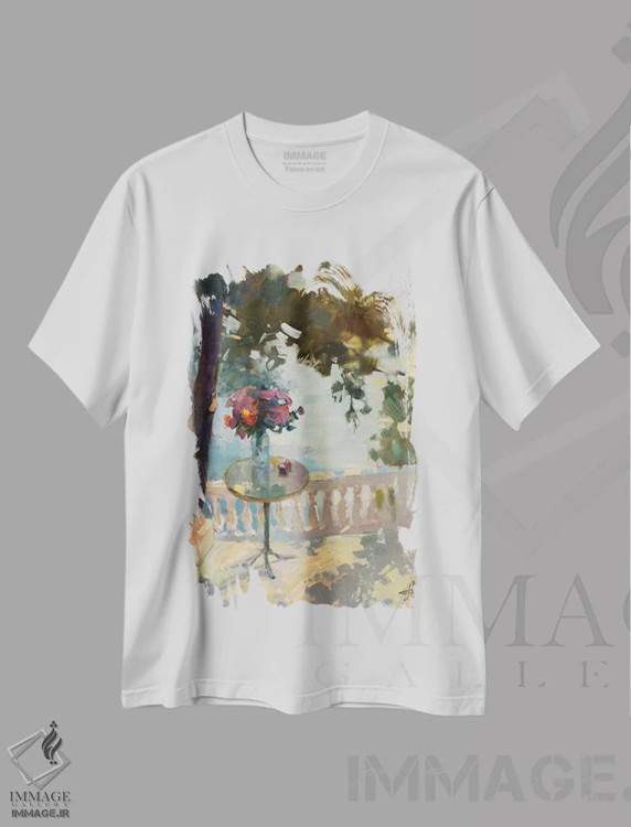 تیشرت سفید طرح دار درخشش ها، هنر فاخر معاصر اثر کنتس آرت | فروشگاه ایماژ