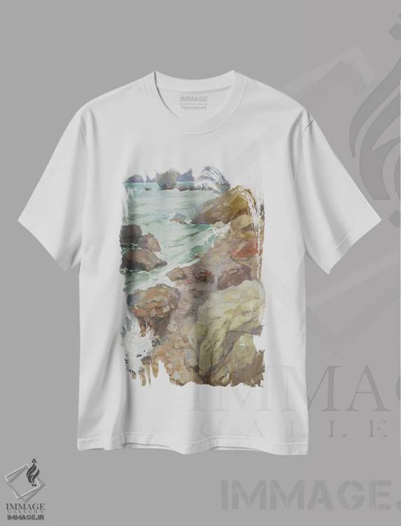 تیشرت سفید طرح دار ساحل کیمریا، هنر فاخر معاصر اثر کنتس آرت | فروشگاه ایماژ