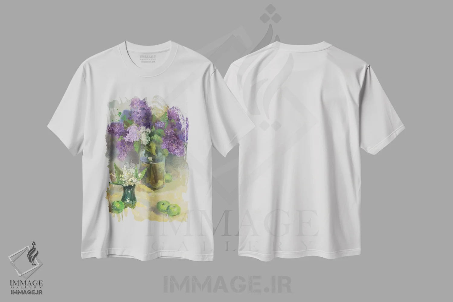 تیشرت سفید طرح دار یاس بنفش و سوسن صحرایی، هنر فاخر معاصر اثر کنتس آرت | فروشگاه ایماژ