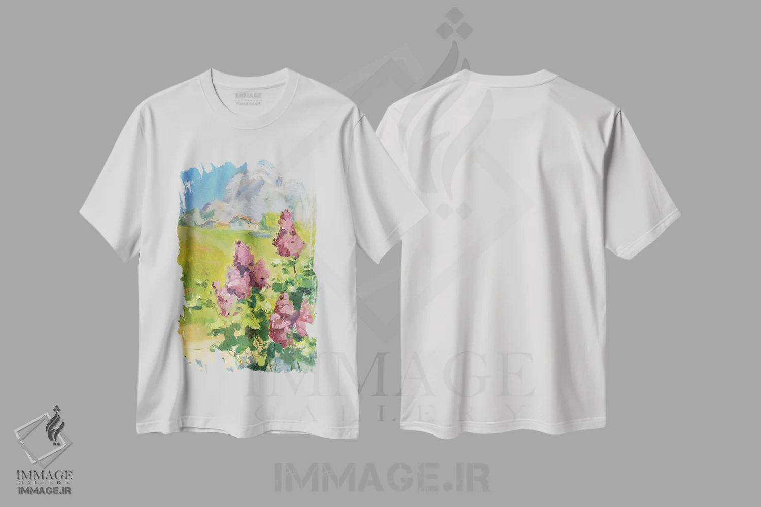 تیشرت سفید طرح دار یاس بنفش در کوه دیمردژی، هنر فاخر معاصر اثر کنتس آرت | immage.ir