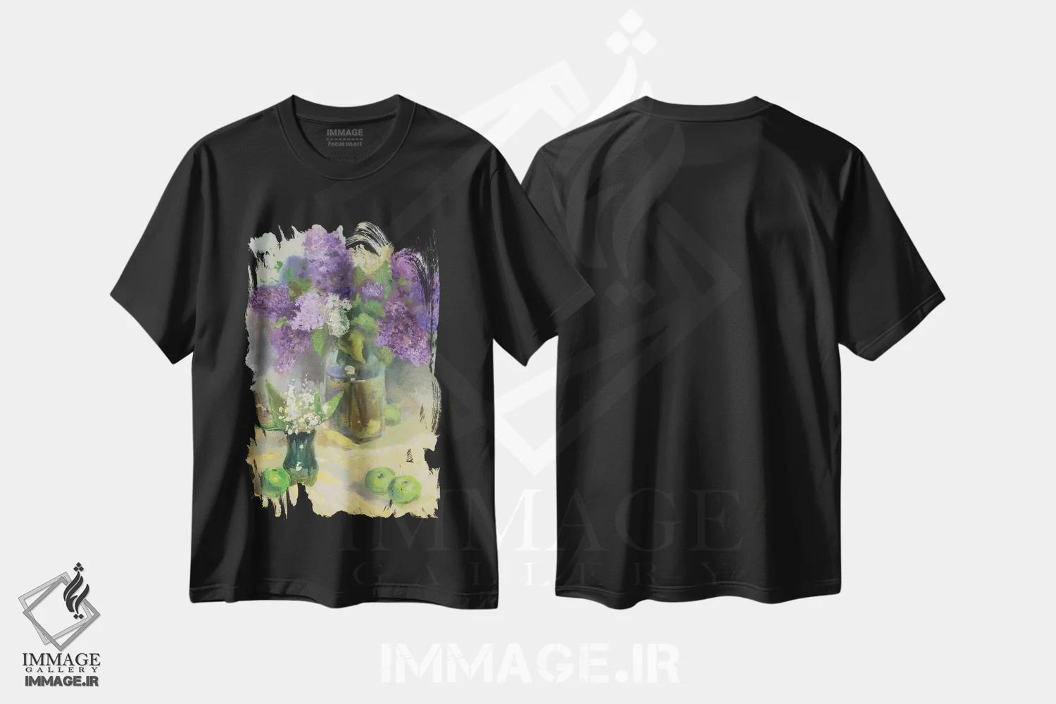 تیشرت مشکی طرح دار یاس بنفش و سوسن صحرایی، هنر فاخر معاصر اثر کنتس آرت | immage.ir