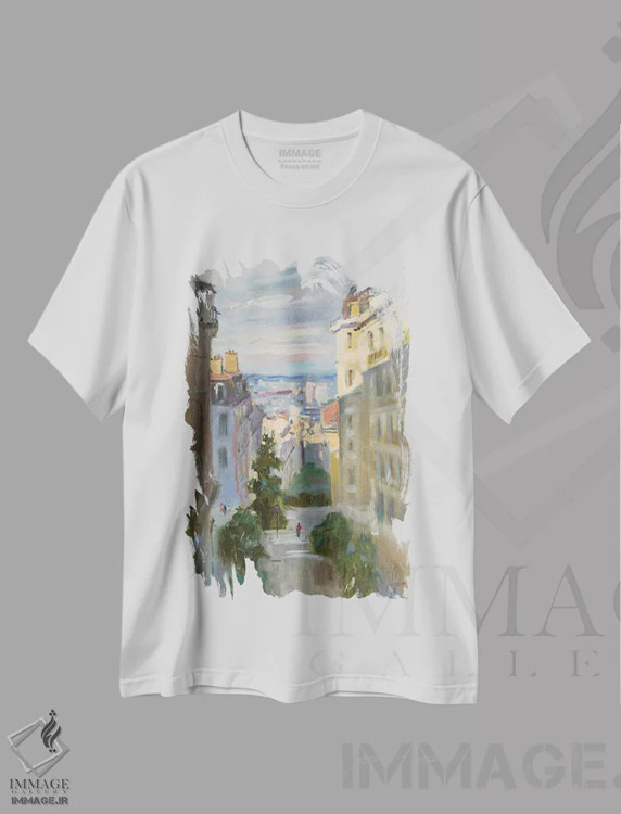 تیشرت سفید طرح دار سراشیبی مونمارتر پاریس، هنر فاخر معاصر اثر کنتس آرت | immage.ir