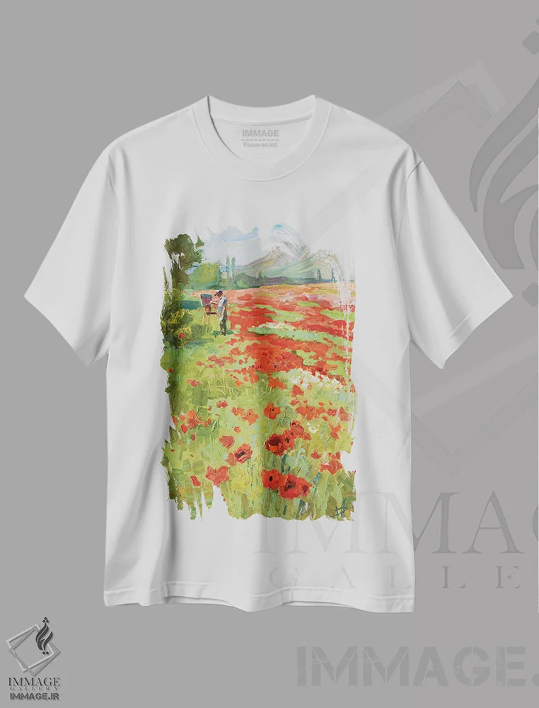 تیشرت سفید طرح دار نقاشی در فضای باز روی مزرعه شقایق، هنر فاخر معاصر اثر کنتس آرت | فروشگاه ایماژ