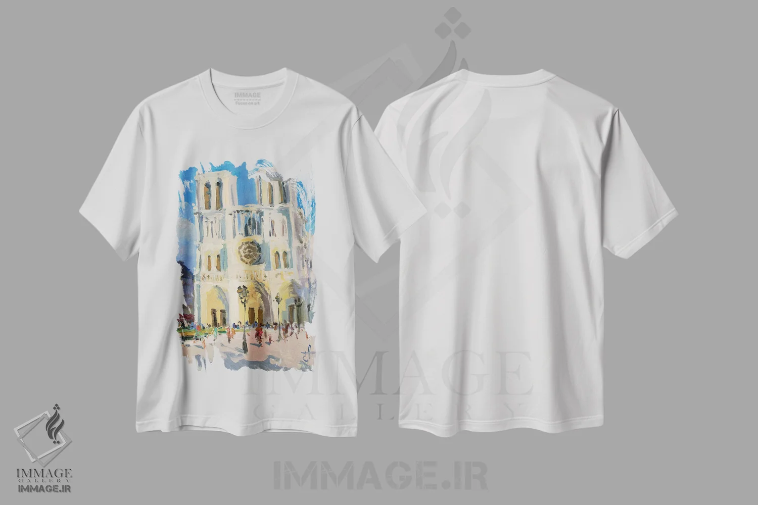 تیشرت سفید طرح دار کلیسای نوتردام، هنر فاخر معاصر اثر کنتس آرت | فروشگاه ایماژ