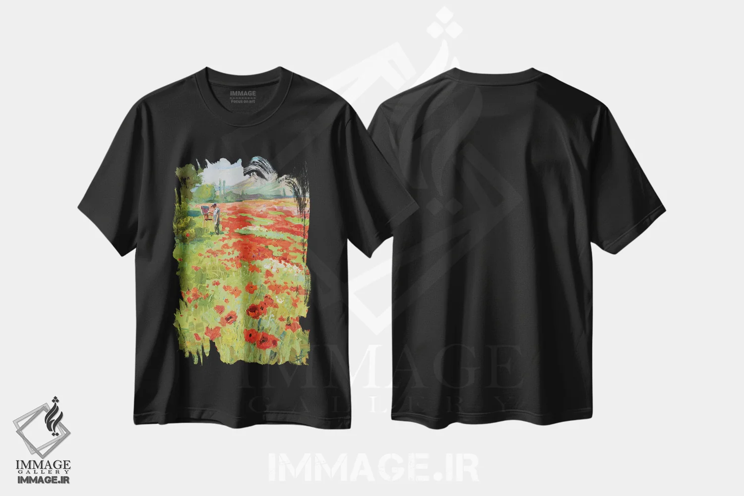 تیشرت مشکی طرح دار نقاشی در فضای باز روی مزرعه شقایق، هنر فاخر معاصر اثر کنتس آرت | immage.ir