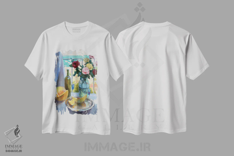 تیشرت سفید طرح دار رزها در بالاکلاوا، هنر فاخر معاصر اثر کنتس آرت | فروشگاه ایماژ